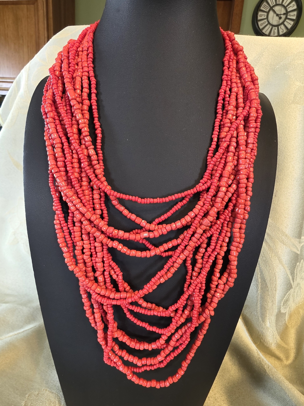 #320 Multi-Strand Red Beaded Statement Necklace